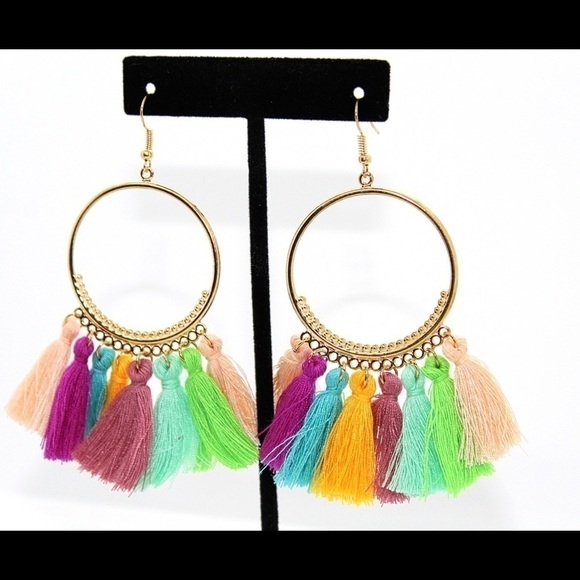 💋BOHO Multicolor & Gold Hoop Tassel Earrings - Picture 2 of 2